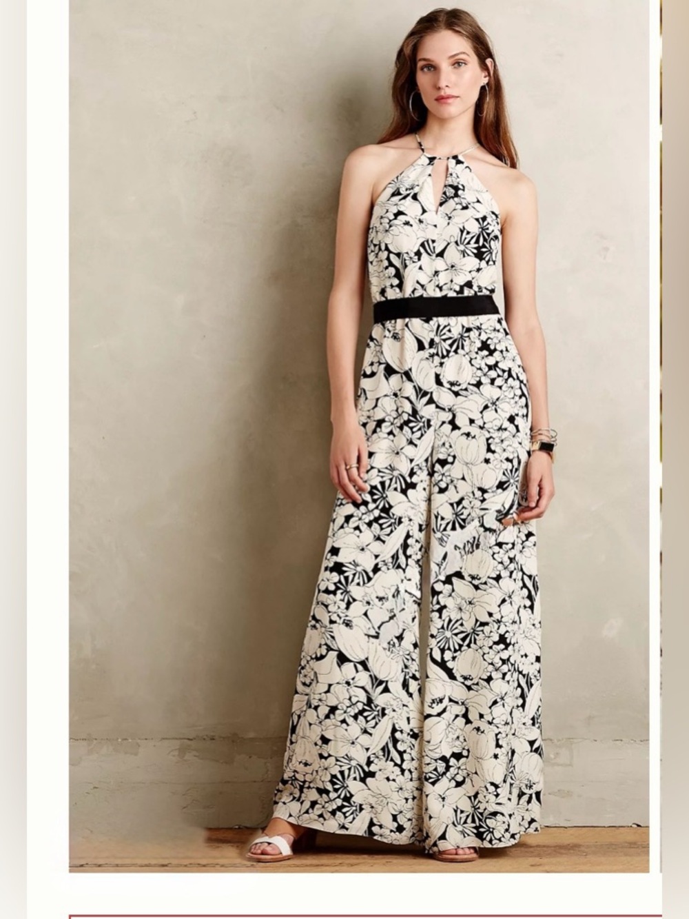 Anthropologie Elevenses Lilium Silk Jumpsuit Wide-Leg blk & cream SZ L worn 1x